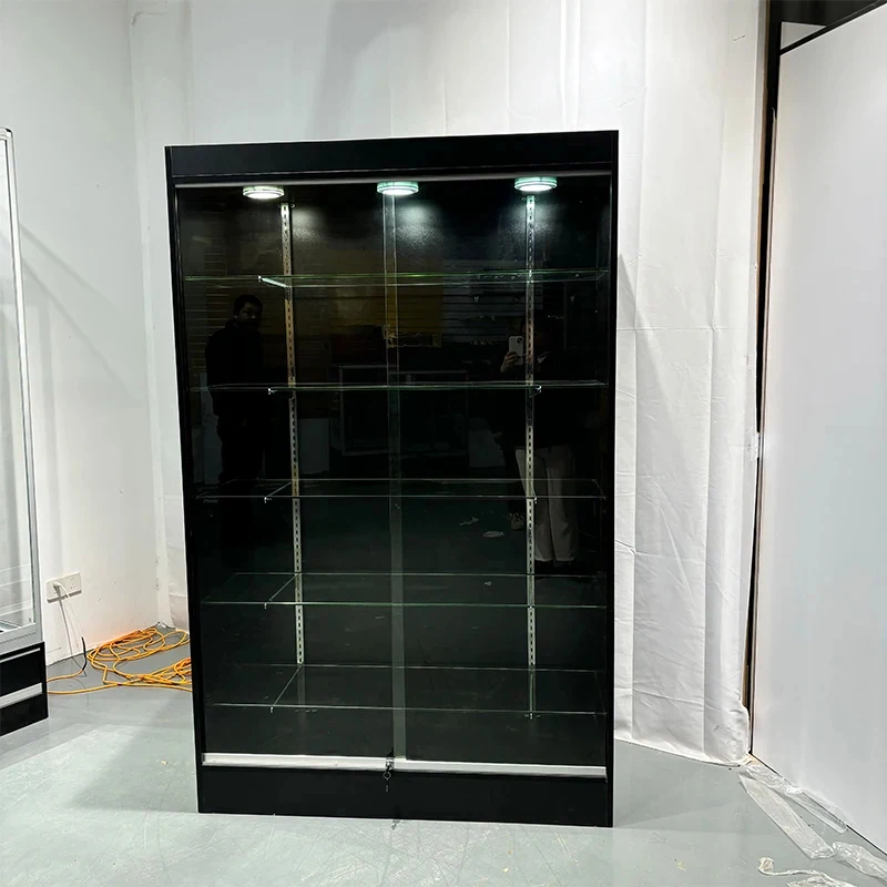 custom.78inch Tall Lockable enclosed  Glass Display showcase with stripe Light Smoke Shop Display Display Cabinet