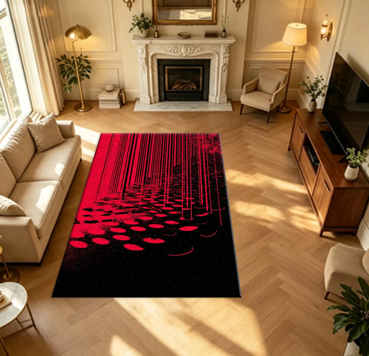 Red Black Distorted Lines Abstract Art carpet flooring Modern Home Wall Decor Print