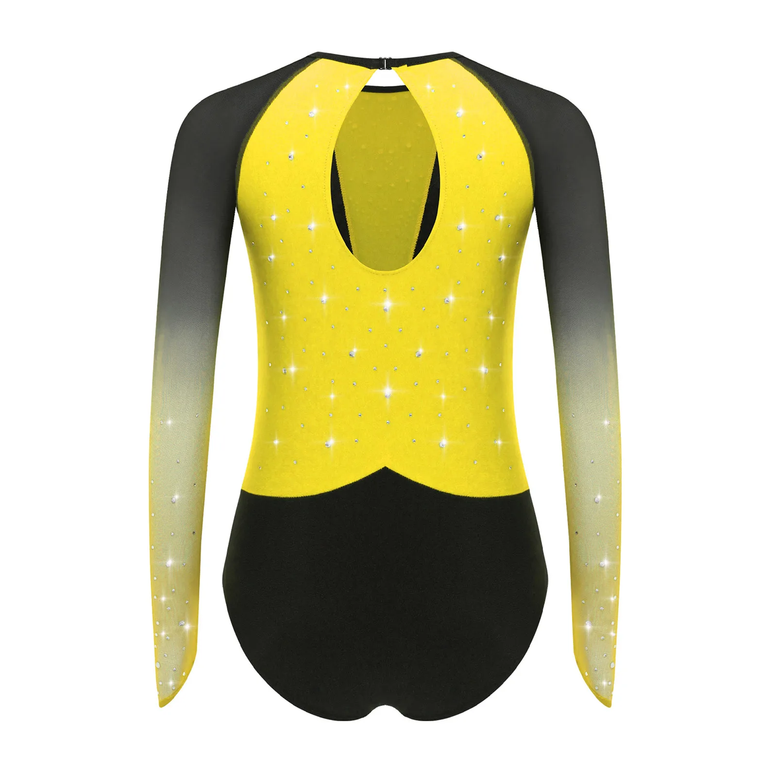 어린이 소녀용 시어 피겨 스케이팅 무대 경연 의상 시어 메쉬 긴 소매 라인스톤 아크로바틱 체조 댄스 레오타드