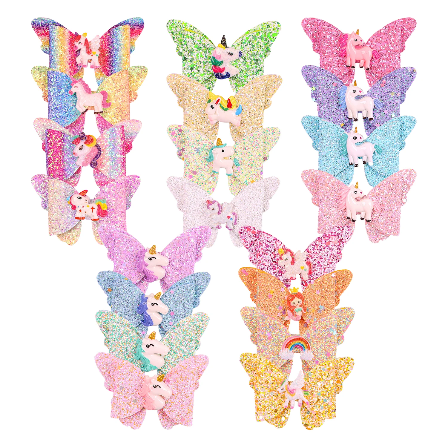 4PCS Cute Unicorn Hair Bows with Clip Girls 3inch Glitter Butterfly Hair Bows Hairpins Barrettes Kids Children Hair Acesssories