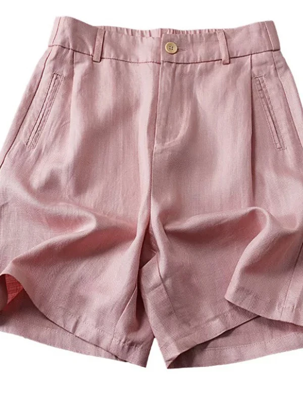 Damski lniany komplet casualowy, wysoki stan, wyszczuplający, luźny krój, letnie, cienkie lniano-bawełniane spodnie z szerokimi nogawkami, prosty krój, długość do połowy uda.