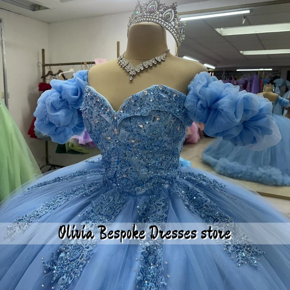 Robe Quinceanera bleue à manches courtes, avec des appliques de perles, avec traîne froncée, robe de bal de mariage mexicain, personnalisée