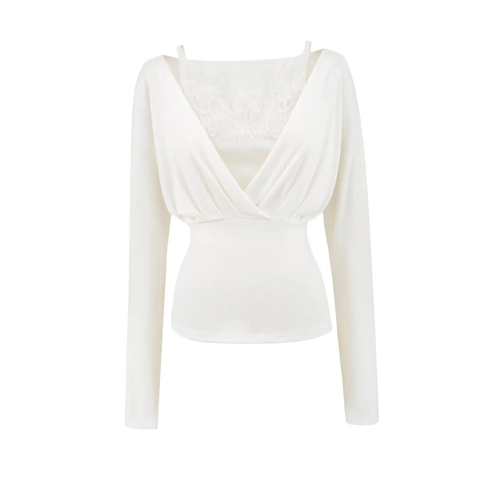 Setelan Wanita Musim Gugur Pure Desire Sle Long Sve T-irt, Atasan Vest Tali dengan Patchwork Renda, Setelan Dua Potong Desain V-Neck