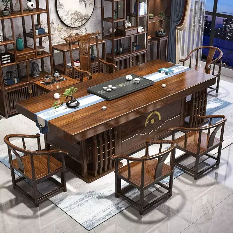 

CJ-8 new Chinese solid wood large board tea table and chair combination, one table and five chairs coffee table set integrated