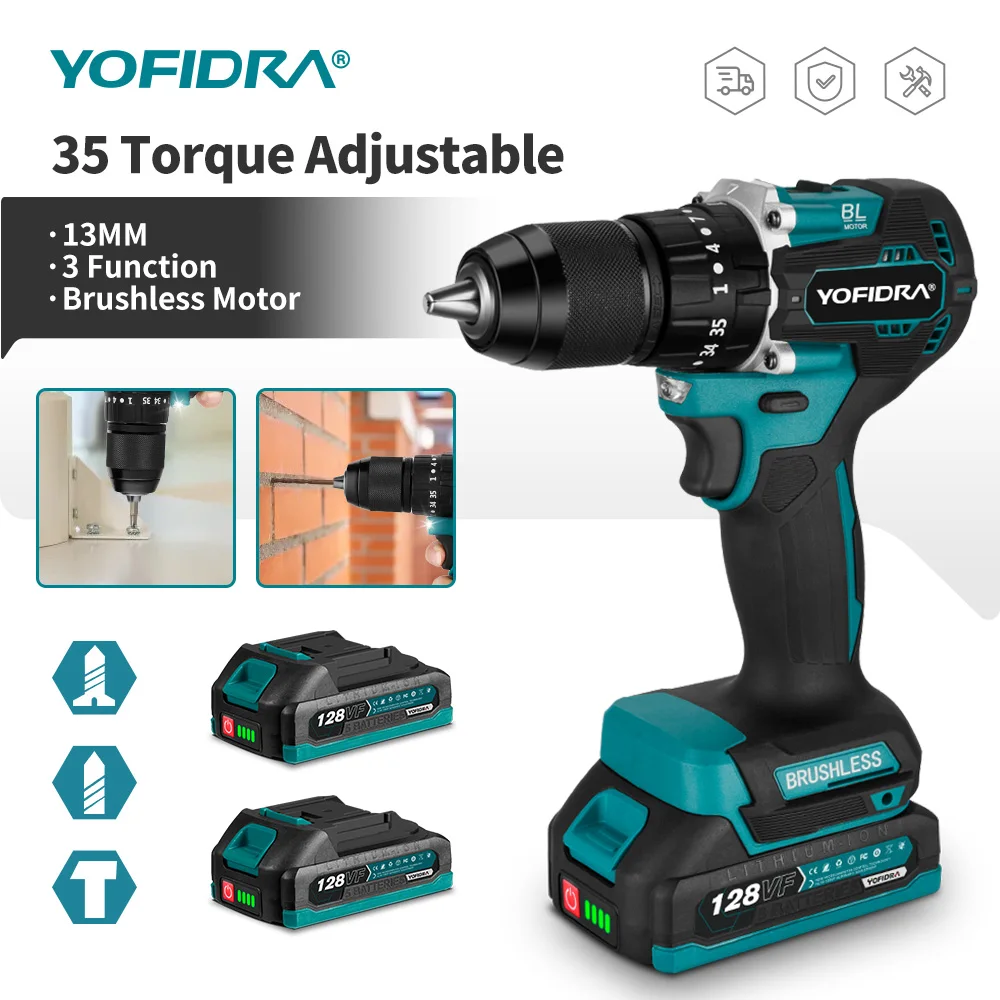 YOFIDRA – perceuse à percussion électrique sans balais, 13MM, couple 35 + 3 tournevis sans fil pour le travail du bois, outil électrique pour broche de batterie Makita