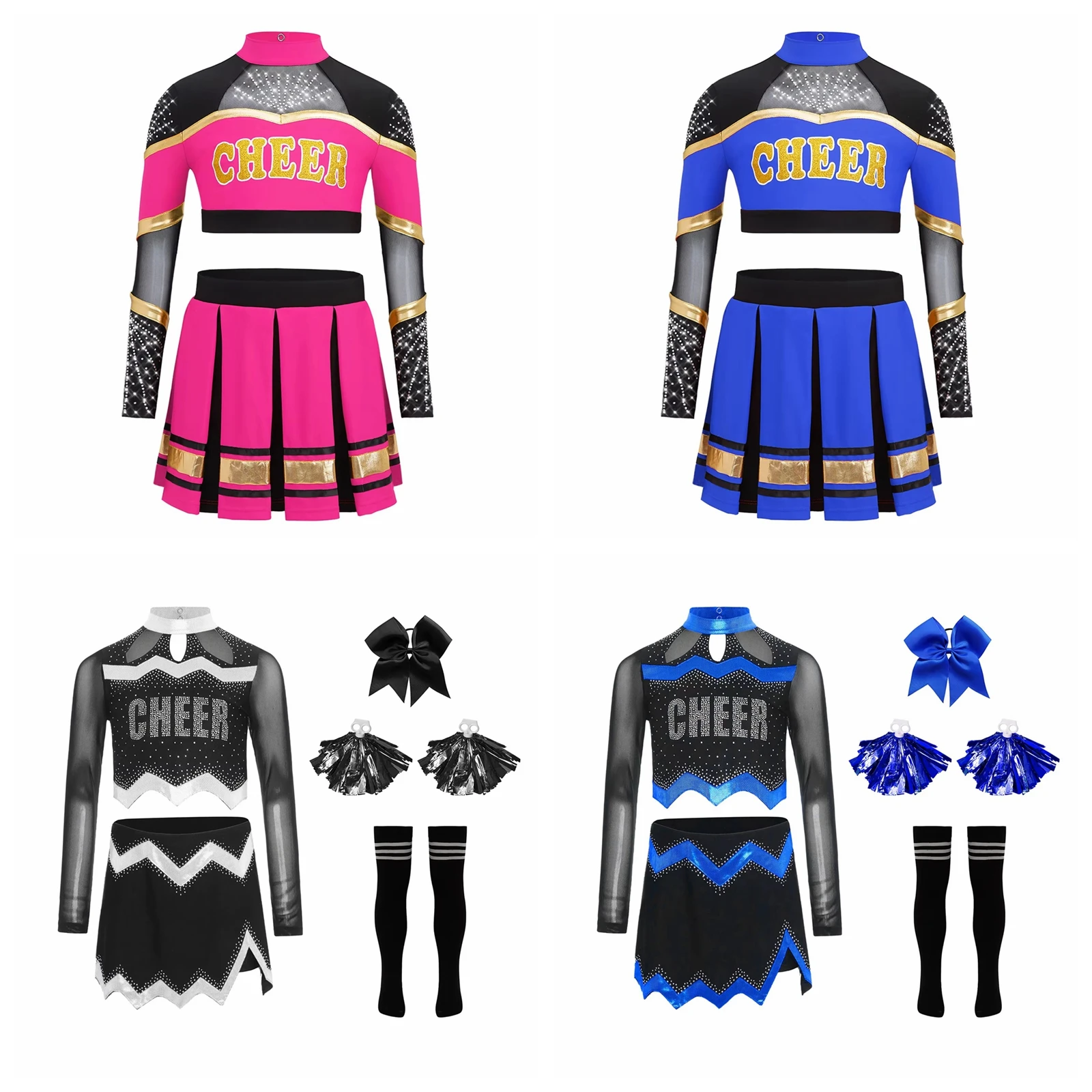 Kids School Girls Cheering Team Dance Outfits Cheerleader Costumes Dancewear Children Cheerleading Uniform With Flower Balls Set