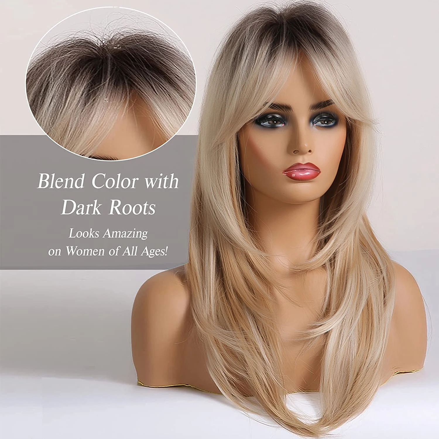 ALAN EATON Long Straight Wigs Ombre Black Blonde Ash Wigs with Bangs Heat Resistant Synthetic Wigs for African American Women