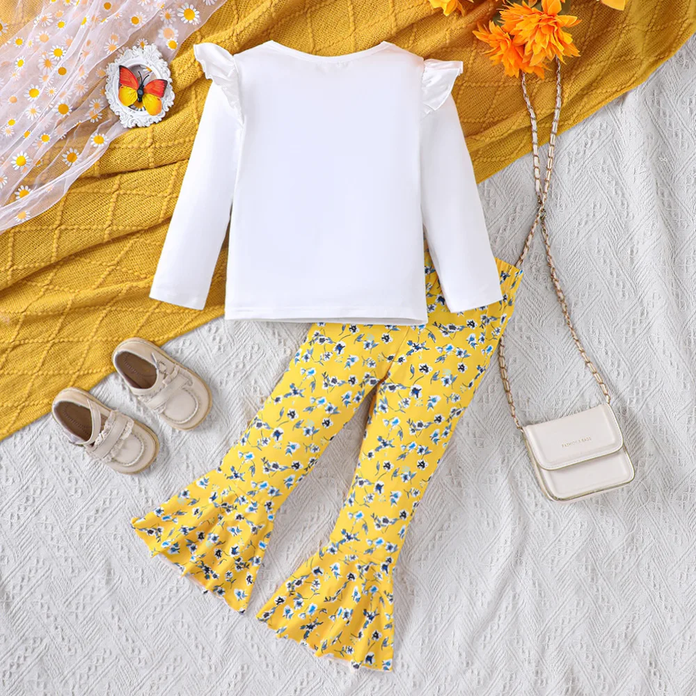 2024 New Clothing Set Girls Long Sleeve Bow Print Girls T-shirt Floral Flare Pants 2 Pcs Sets Casual Girls Clothes Sets 18M-7T