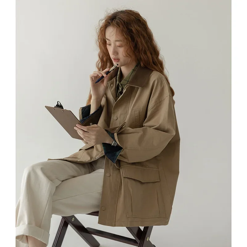 New Fashion Loose Cargo Coat Long Sleeves Khaki Colorant Match Polo Neck Female Senior Vintage Mid-length Tops Spring Autumn
