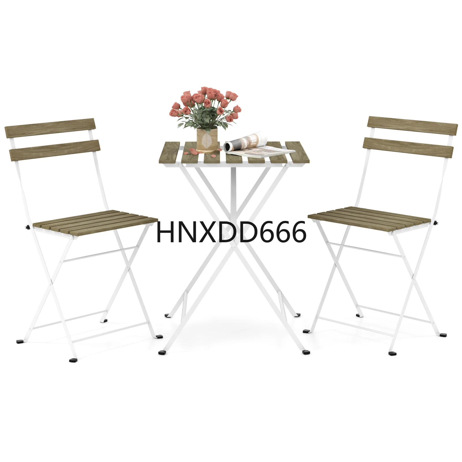 

3 PCS Patio Acacia Wood Bistro Set Bistro Table w/ 2 Folding Chairs Slatted Seat