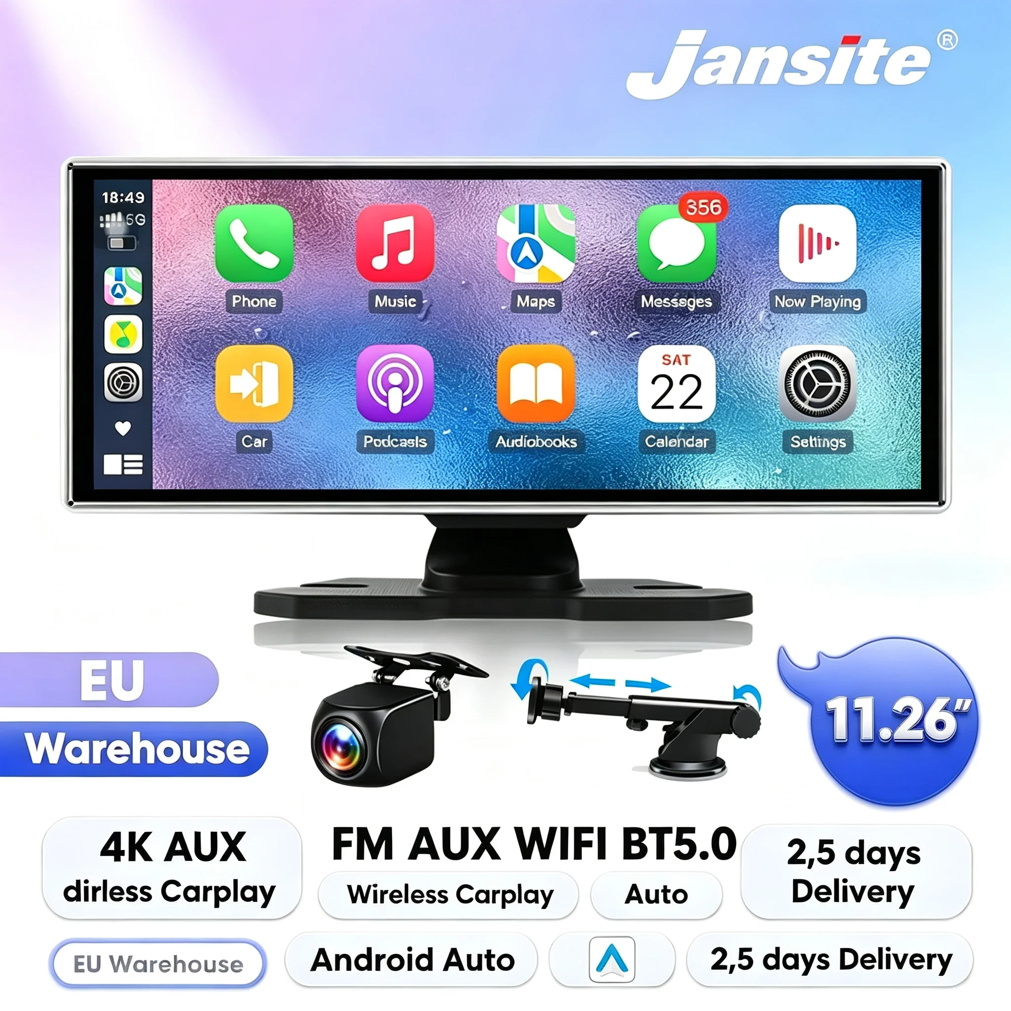 Jansite 11,26 Zoll Tragbarer CarPlay-Bildschirm Kabelloses Apple CarPlay Android Auto 4K DVR Dashcam GPS-Navigation Rückfahrkamera 5G WiFi Bluetooth Mirror Link USB TF FM AUX Nachtsicht