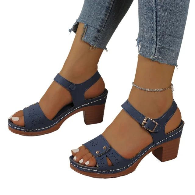 2026 Fashion Female Solid Color Round Head Fashion Flats Footwear Women'S Thick Medium Heel Adjustable Strap Sandals for Women