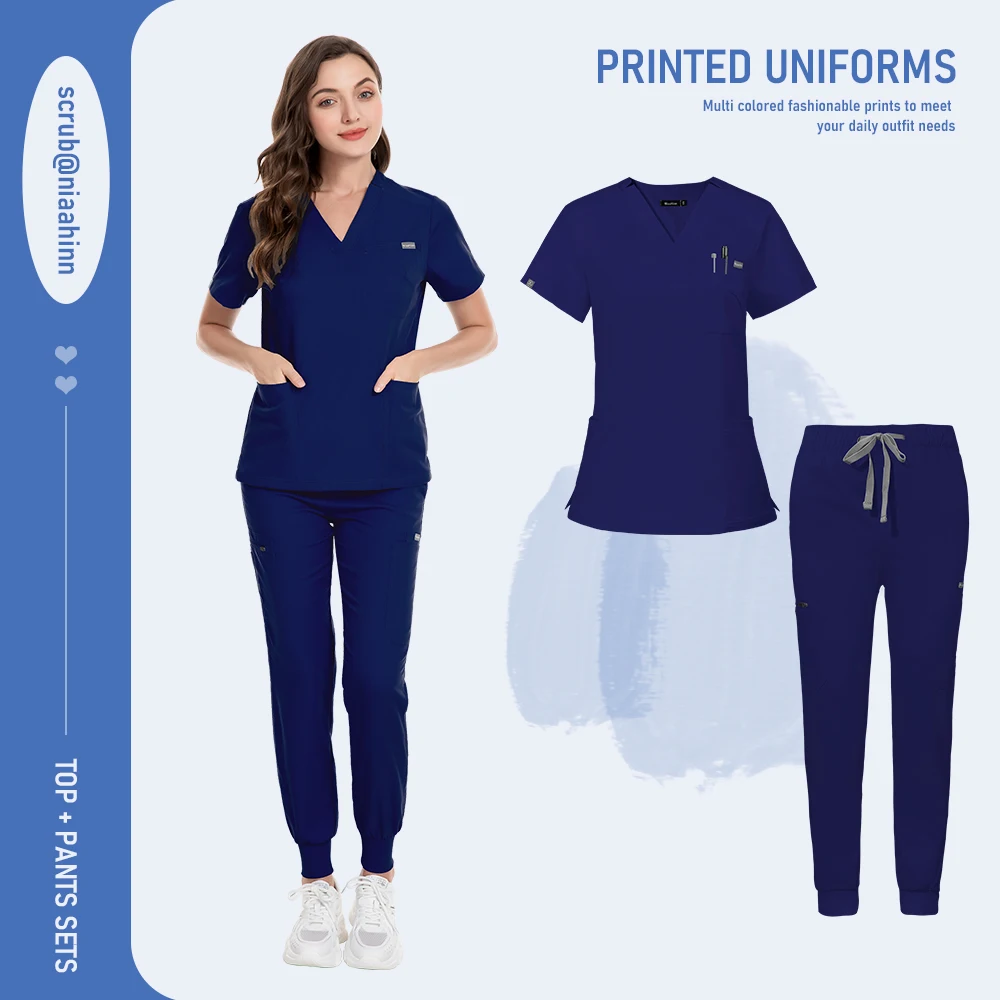 Niaahinn Uniform Schönheitssalon Haustier Krankenhaus Medizinisches Peeling Krankenpflege Krankenschwester Peeling V-Ausschnitt Tops Scrub Jogger Sets Hochwertige Uniformen – Detail 16