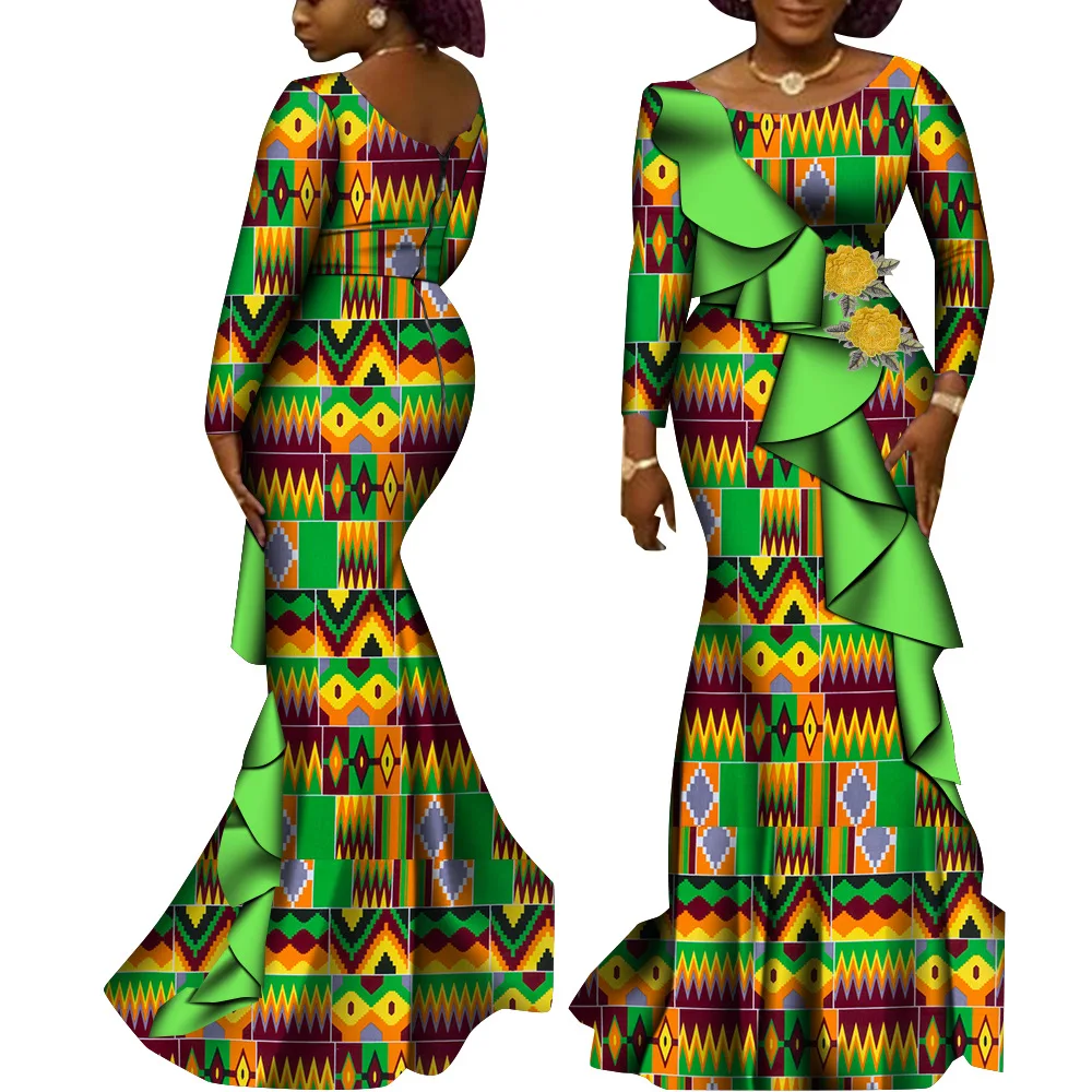 2024 New Fashion African Print Dresses for Women Party Dress Dashiki Outfits Ankara Dress+sashes Wedding Formal Clothing