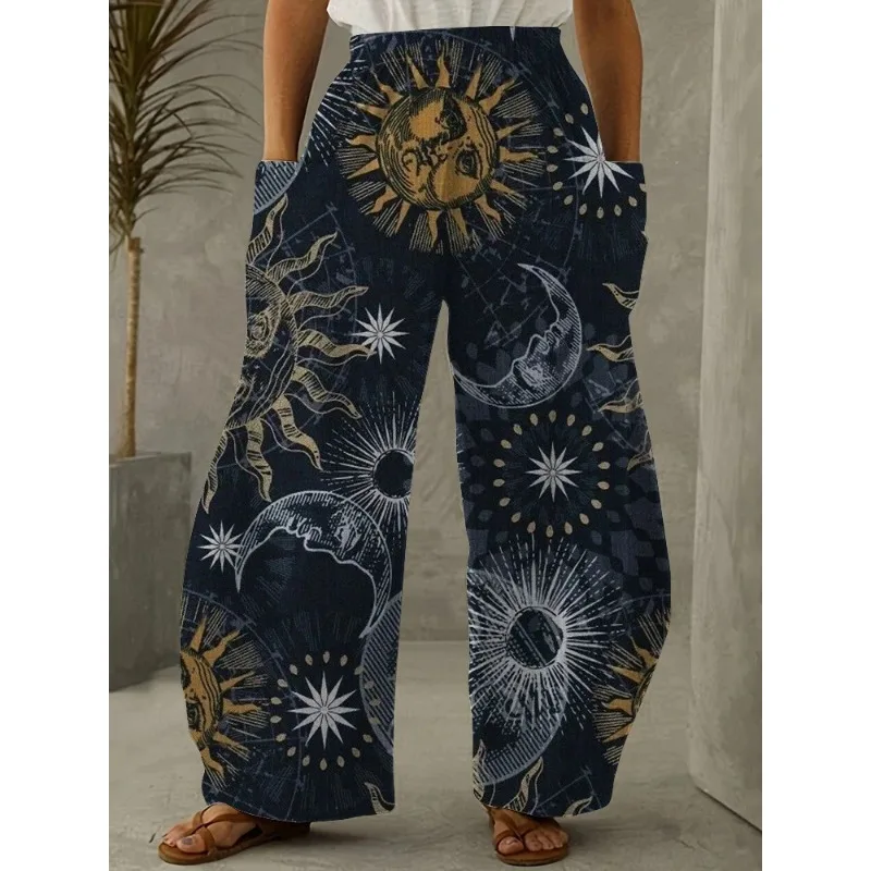 Pantalon à jambes larges imprimé soleil et lune avec ceinture élastique, pantalon Mandala Vintage, confortable, décontracté, printemps/été