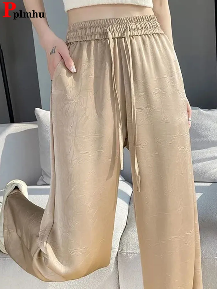 

Elastic High Waist Baggy Satin Finish Pants Women Casual Jacquard Design Straight Pantalones Loose Thin Lace Up Wide Leg Calca