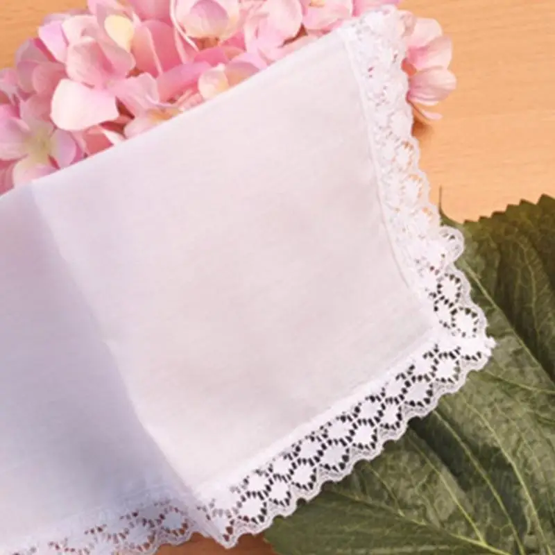 R7UF Portable Hankie Women Handkerchief Cotton Lace Trim Super Soft Washable Hanky