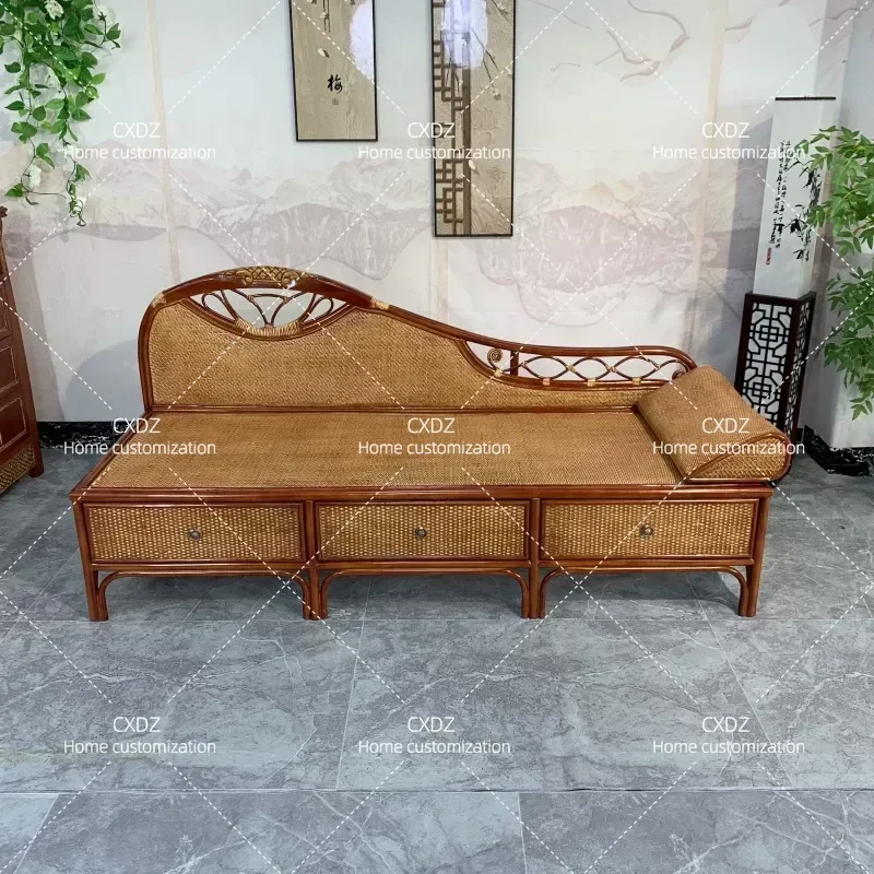 Natural Rattan Recliner Chair Solid Wood Frame Beauty Couch Dual Purpose for Winter and Summer Factory Direct Sales