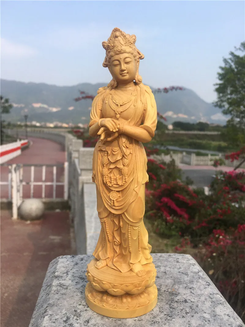 XS202-20*6*5CM Hand Carved Boxwood Carving Figurine Buddha Statue Home Decor -Guanyin Bodhisattva Sculpture