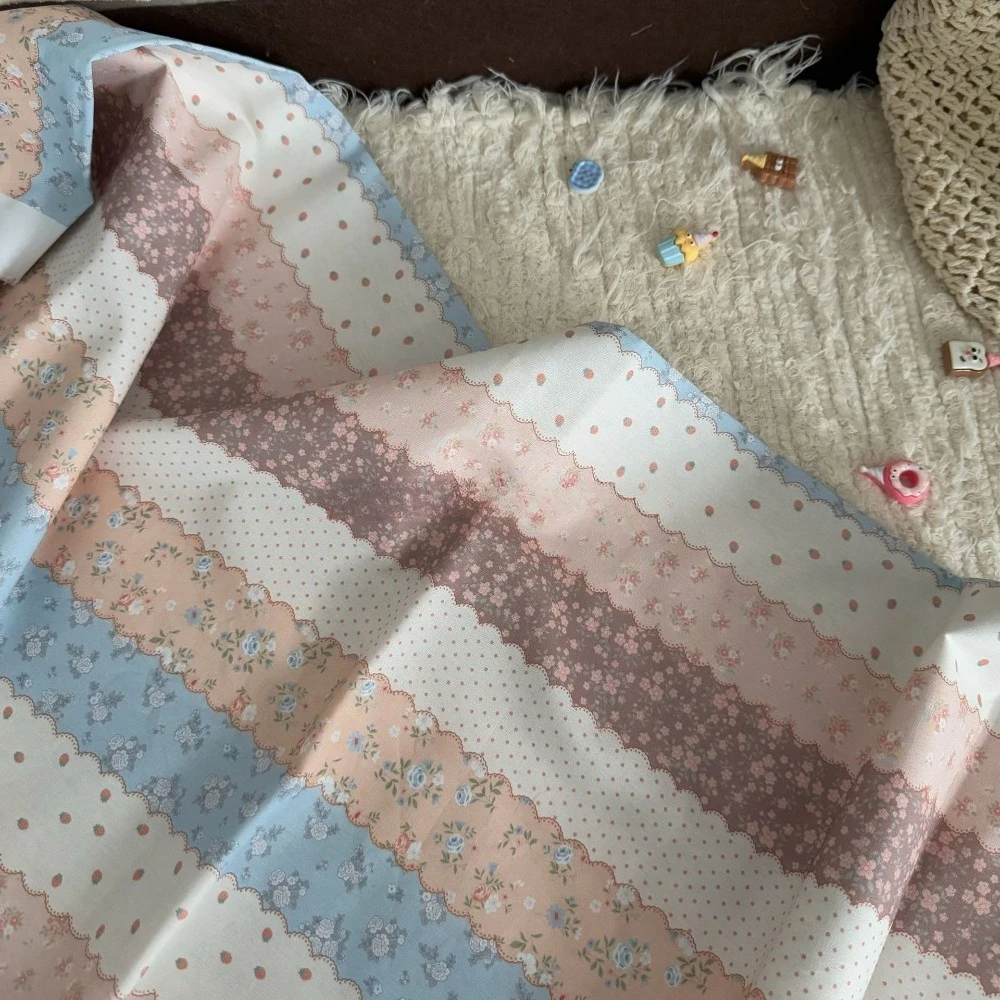 145x50cm 40S Cotton Digital Print Korean Retro Floral Stripe Fabric, for Women Kids Clothing DIY Homewear Bags Sewing Cloth