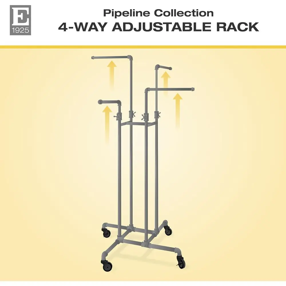 Pipeline 4-Way Garment Rack, Anthracite, Adjustable 48–72in H | Rolling 4-arm pipeline clothing rack in Anthracite Grey, proiona