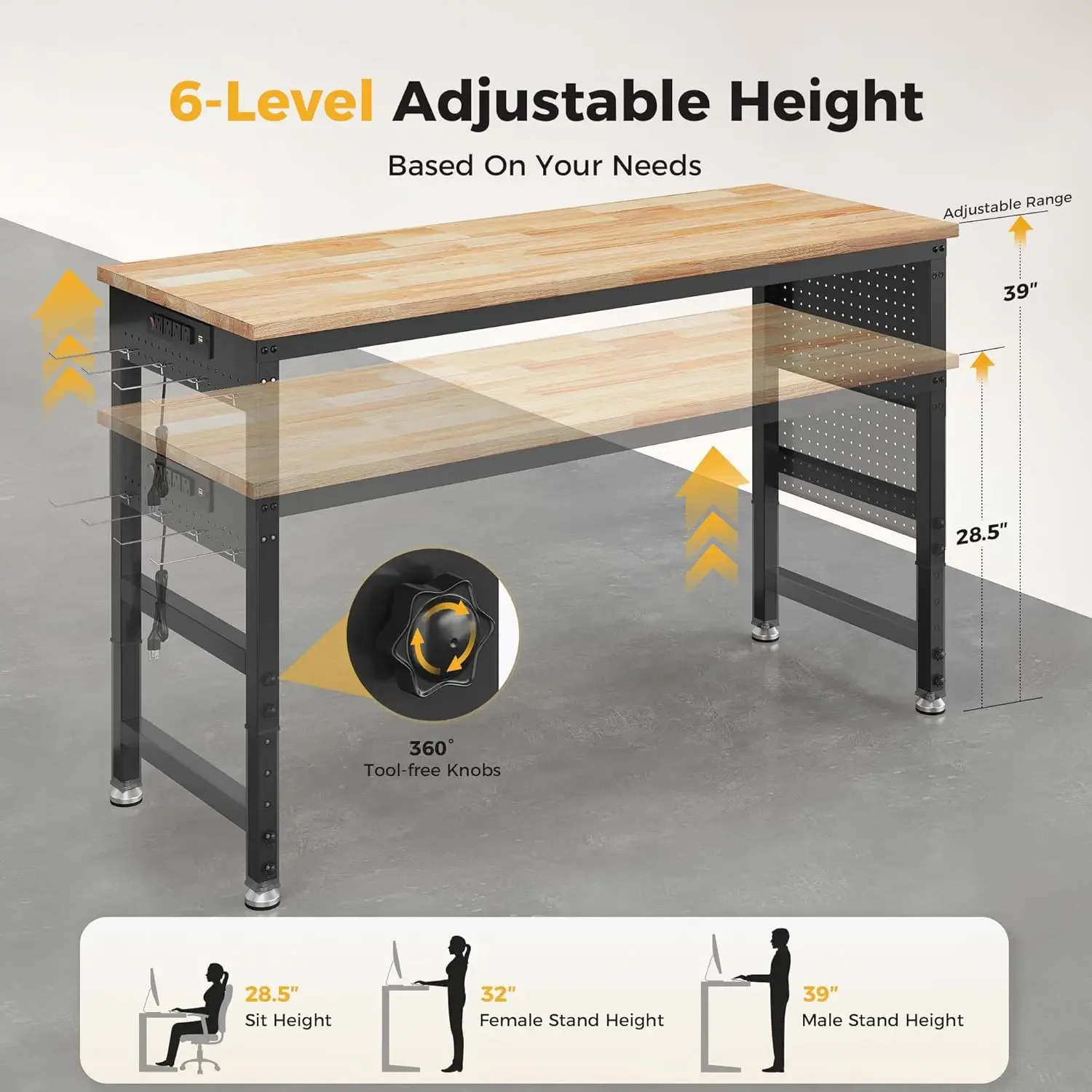 60" Adjustable Heavy Duty Workbench, 2000 LBS Load Capacity Rubber Wood Work Table with Pegboard, Power Outlets, Work Bench