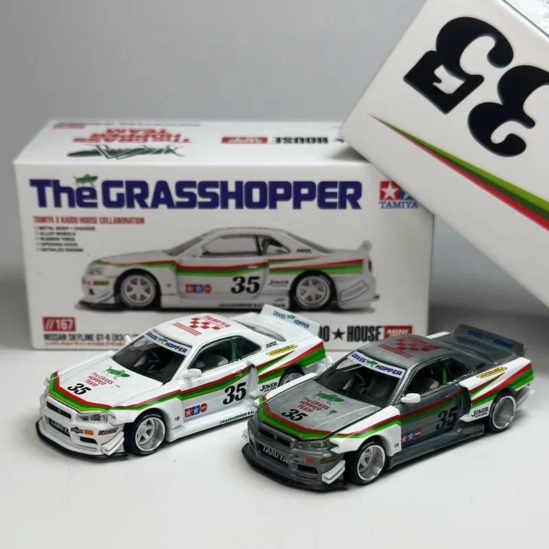 1:64 Nissan R34 Tamiya GT-R Grasshopper front cover alloy miniature simulation car model, collectible ornament, genuine in stock
