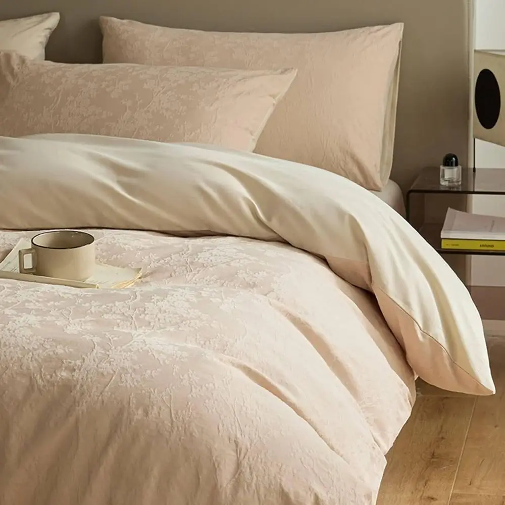 

4 Pieces Duvet Cover Set Cotton, Queen loral Texture Bedding Set with Bed Sheet and 2 Pillowcases, Apricot, Style 6, 1.8m-200x23