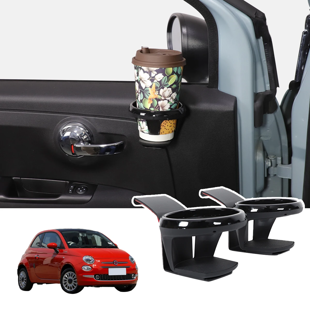

2Pcs Carbon Steel Black For Fiat 500 2010-2025+Car interior door panel upper edge water cup holder Car modification accessories