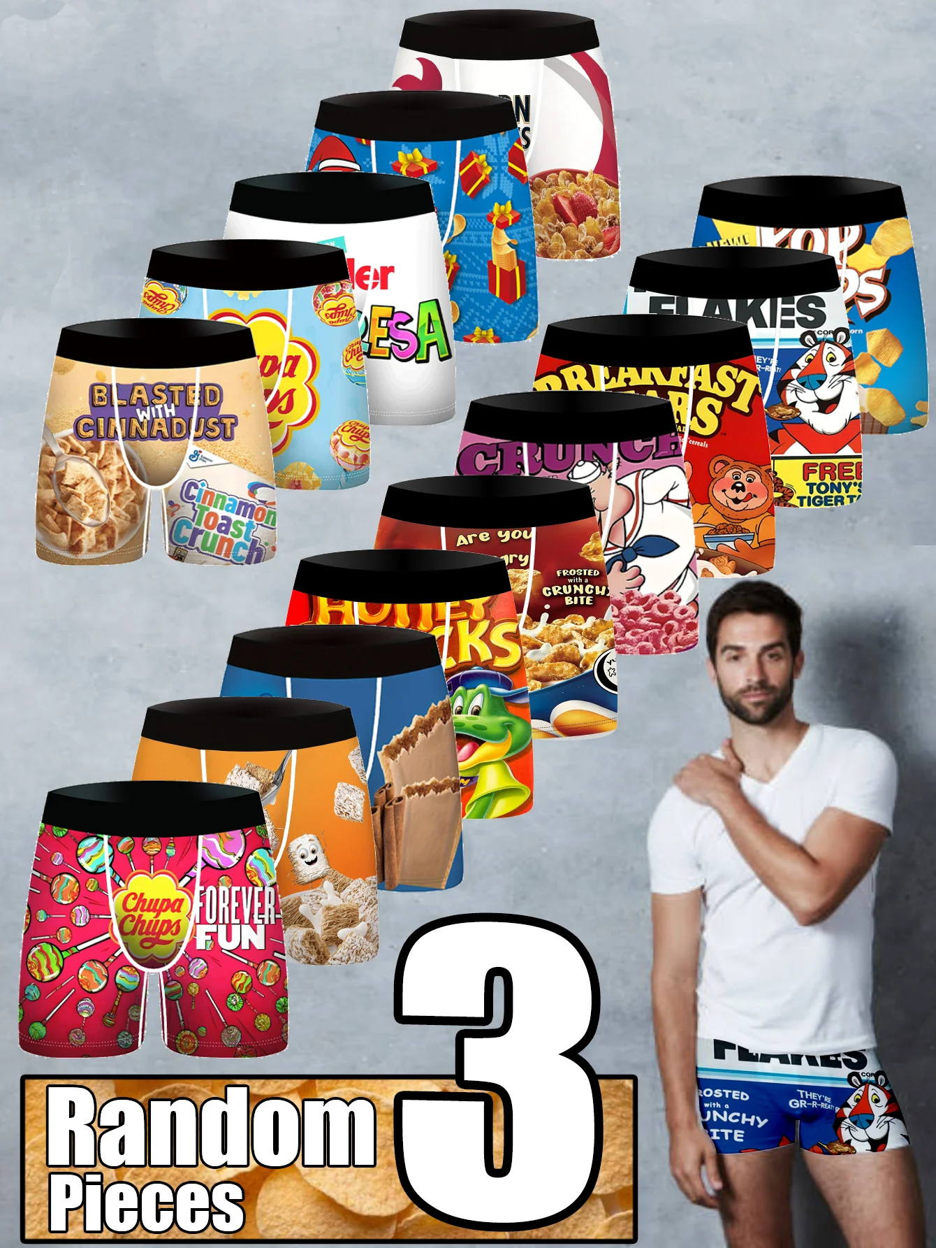 

3Pcs SnacksPrint Fashionable Men's Underwear Casual Boyshort Youth Sports Shorts Comfortable Breathable Stretch Shorts Underwear