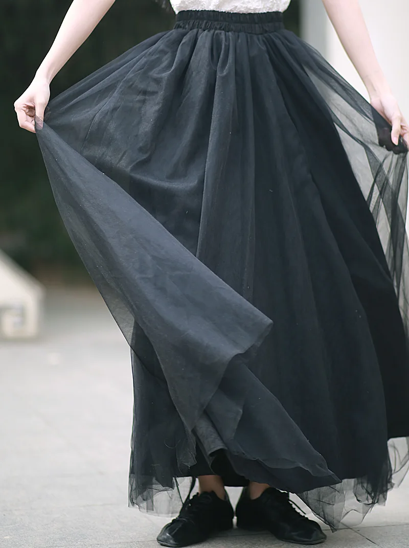 TIYIHAILEY Long Maxi Women Skirts New Fashion A-line Double Layer Mesh Cotton Elastic High Waist Vintage Ladeis White Black 2025
