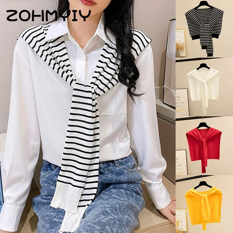 Châle à rayures coréennes pour femmes, chemisier d'hiver chaud, faux col, cape nouée, écharpe à rayures