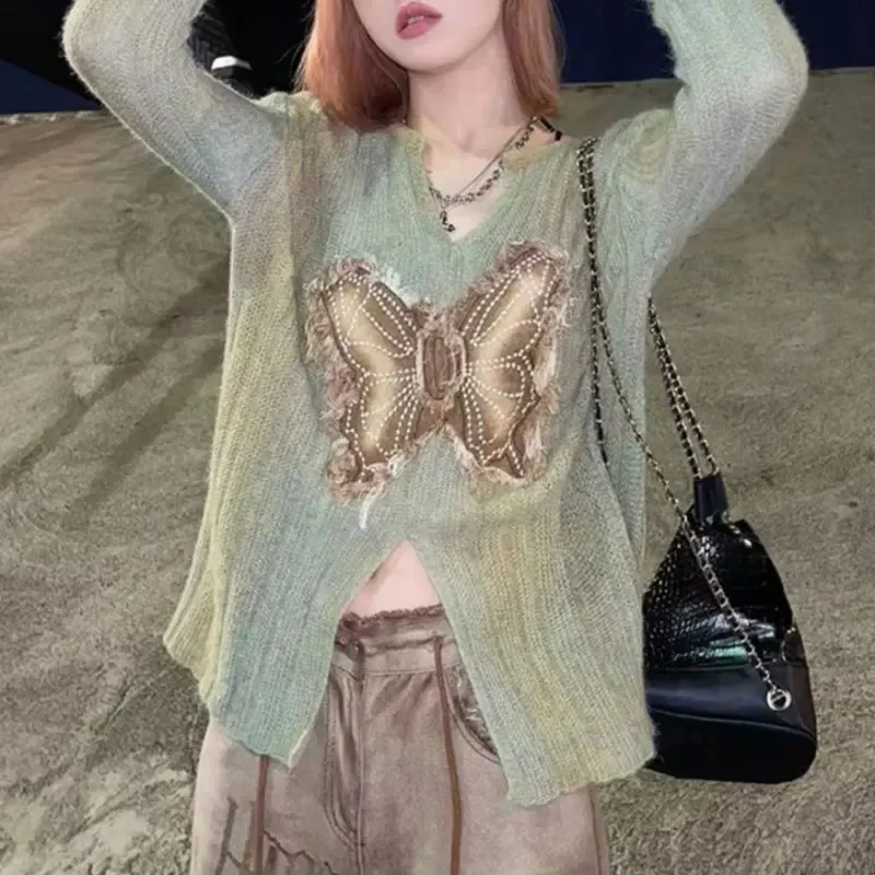 

Clothing Sexy V-Neck Slim Split Spring Autumn Gradient Knitted Jumpers American Retro Butterfly Patch Designs Sweaters Female