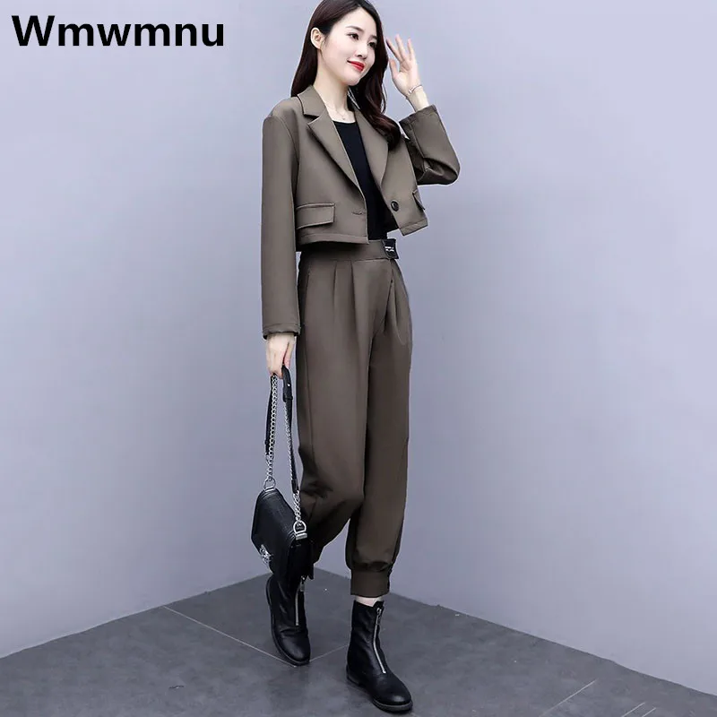 Casual Suit Two Piece Sets Womens Short Blazer Coats Suits High Waist Harem Pants Outfits Korean Fashion Office Loose Ensembles