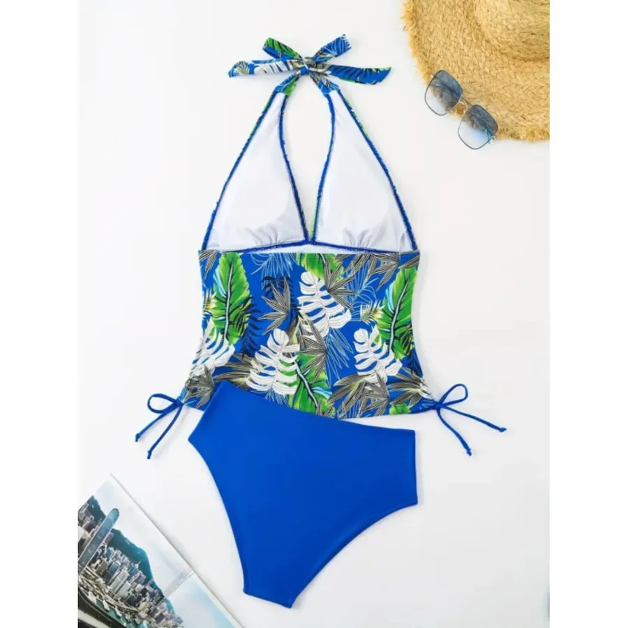 

Tropical Leaf Print Tankini Set Women Off Shoulder Swimsuit Two Piece With Tie Bottoms