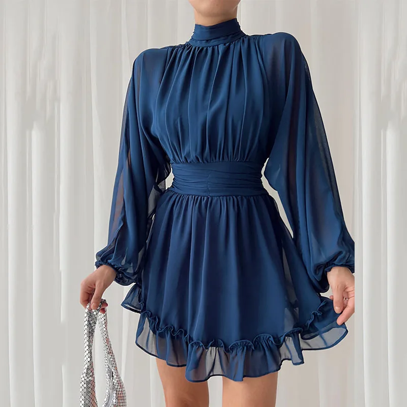 

Ladies Ruffle Long Sleeve Party Dress Vestidos Elegant Fashion Tulle Turtleneck Women Dress Sexy Slim Pleated Gauze Mini Dresses