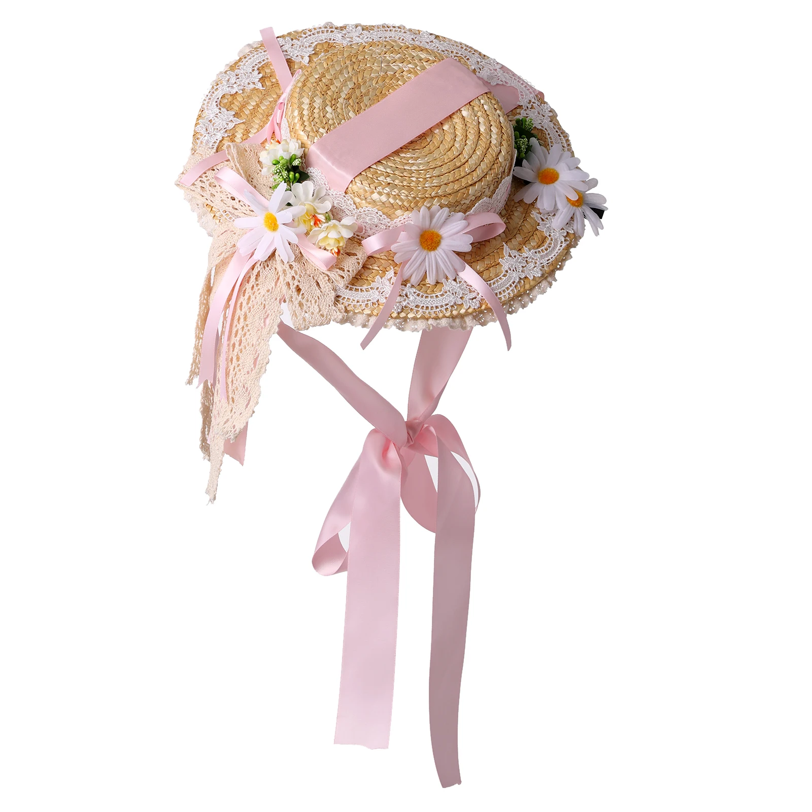 Lolita Straw Hat Women Girl Victorian Pastoral Style Lace Bonnet Hats For Costume Tea Party Flat Cap
