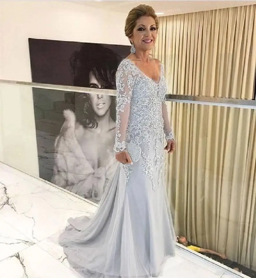 Vestidos personalizados de encaje dorado para madre de la novia, sirena, manga larga, apliques, cuello en V, elegante para boda, vestido Formal de