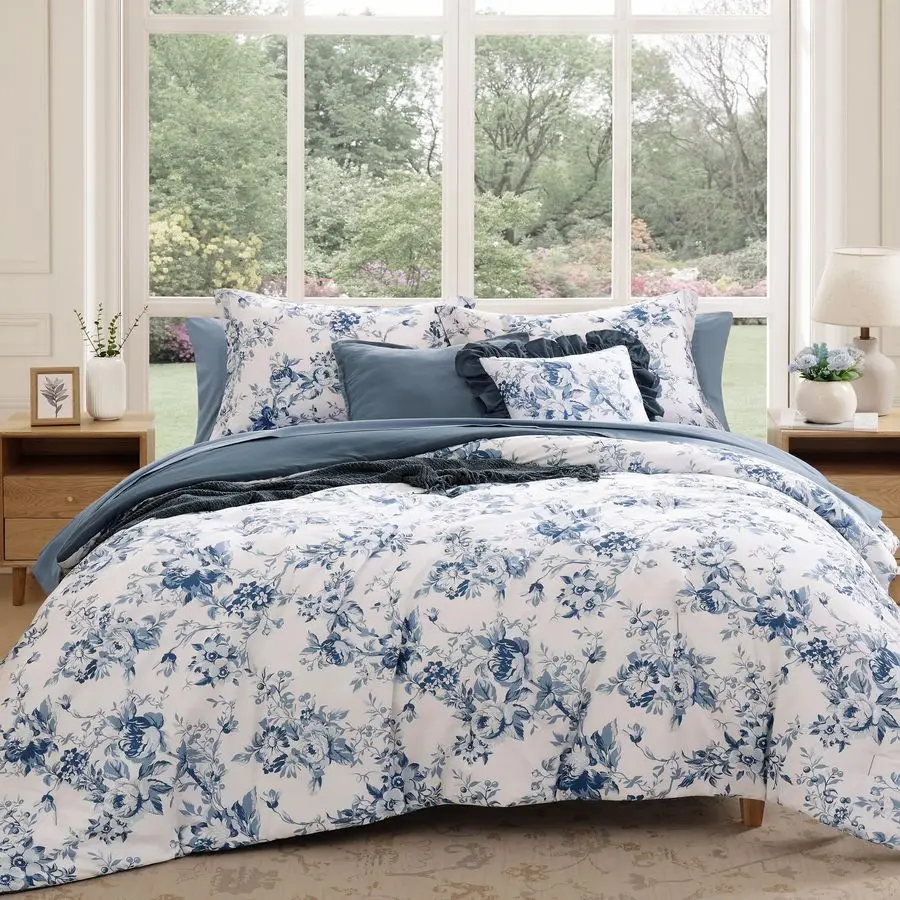 

King Comforter Set 7 Pieces Floral Blue Comforter Set for All Seasons, Bed in a Bag King with Botanical Flowers Comforter, Shee