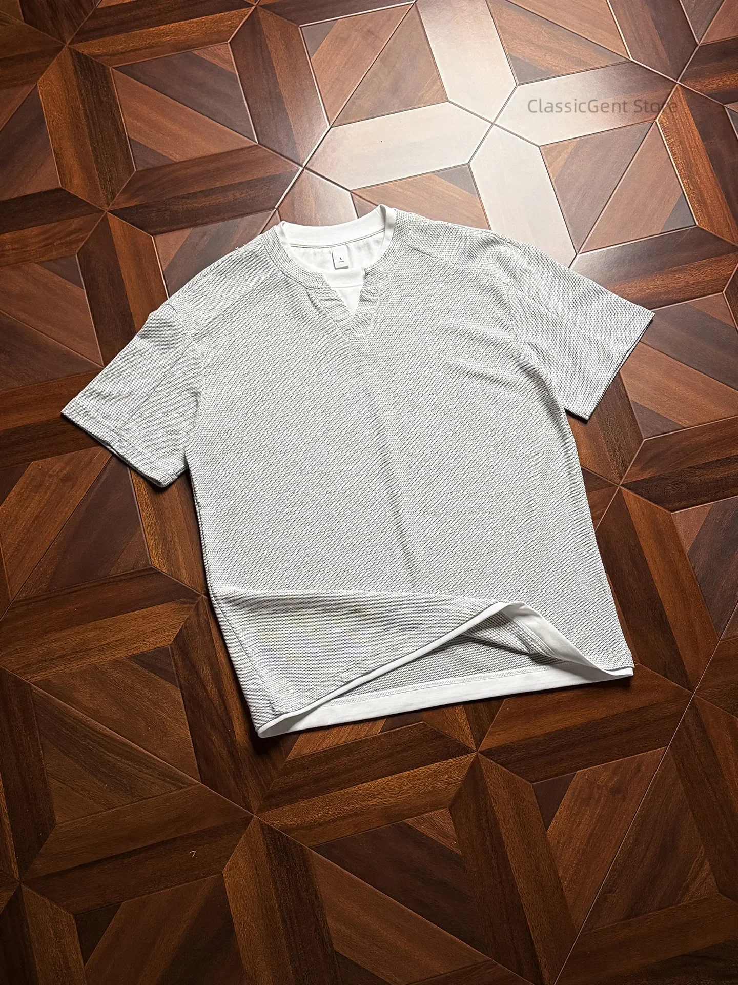 Customized double-woven texture rainbow cotton, Henry collar 6.7OZ shoulder-length short-sleeved fake two-piece T-shirt