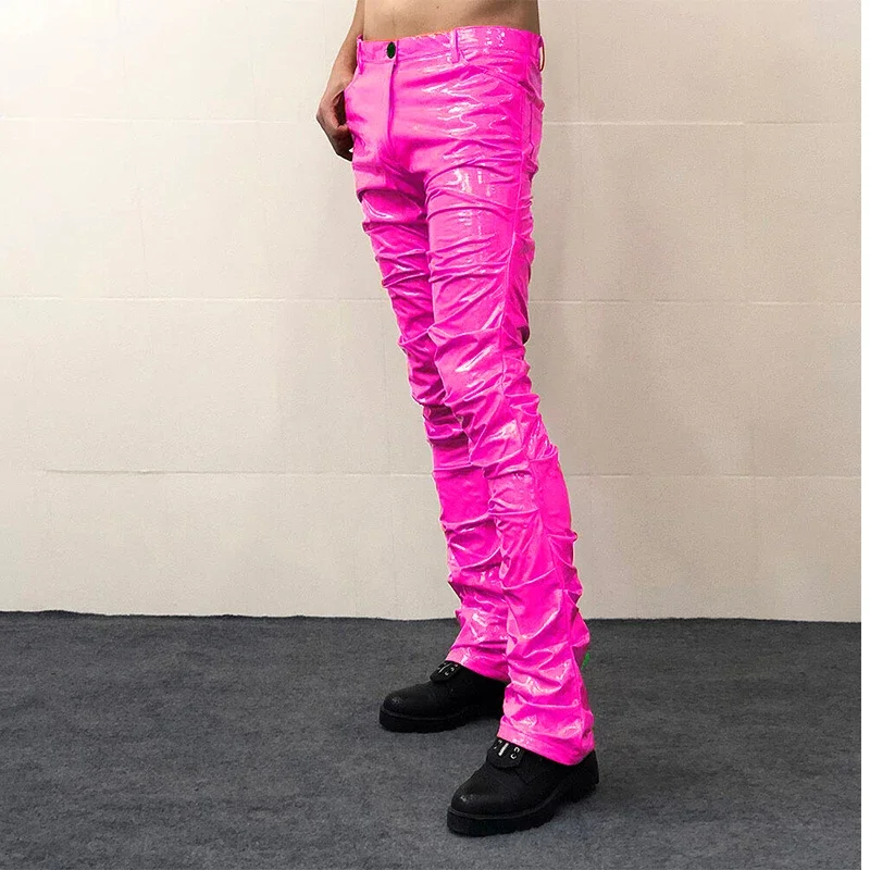 Men's Shiny Patent Leather Low Waist Pleated Pencil Pants Solid Color PVC Male Slim Trousers With Pocket Wet Look New Custom