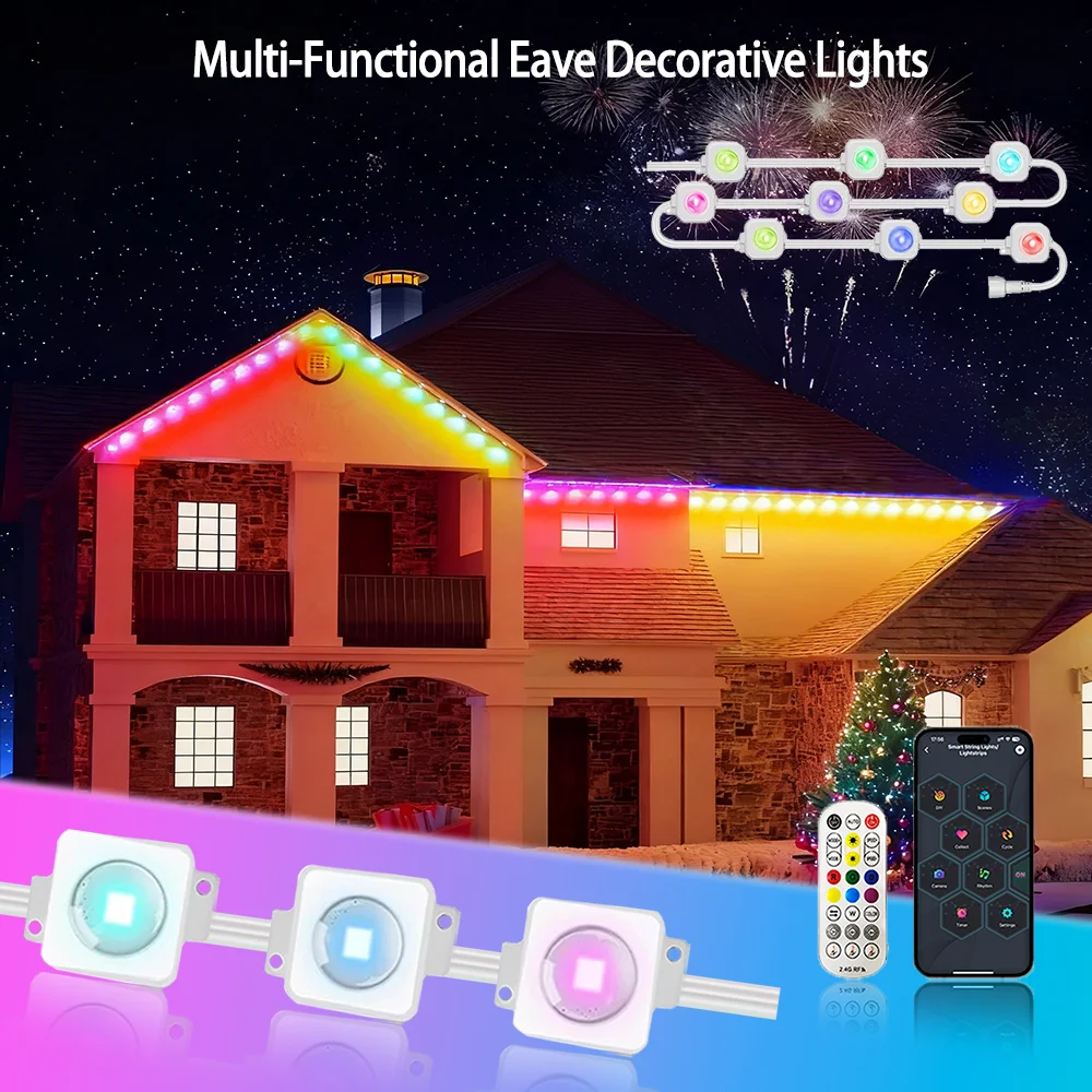 60m-スマート-rgb-軒下ライト、アプリ＆リモコン付き-ip67-屋外用常設-led-ストリングライト、家庭用新年クリスマス誕生日diy照明。