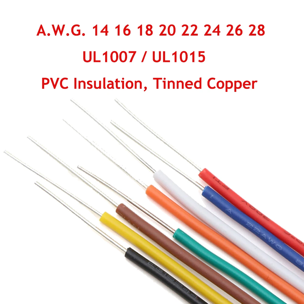 1 meter AWG 14 16 18 20 22 24 26 28 PVC Insulation Power Cord UL1007 UL1015 Tin Plated Pure Copper Electrical Connection Wire