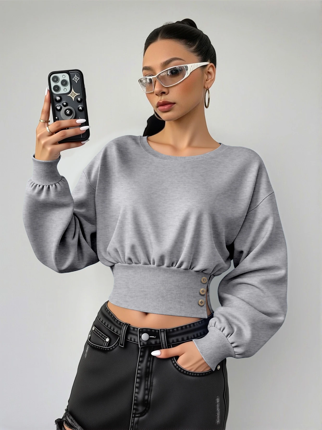 

Женский укороченный свитшот с круглым вырезом, разрезом на талии, пышными рукавами и пуговицами, теплый зимний пуловер