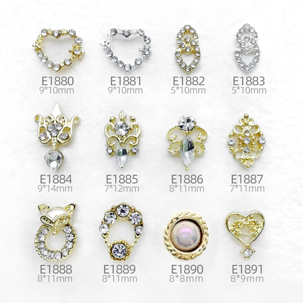 

10Pcs/lot 3D Alloy Heart Nail Art Charms Gold/Silver Hollow Fox Rhinestone Gems Baroque Luxury DIY Nail Jewelry Accessories