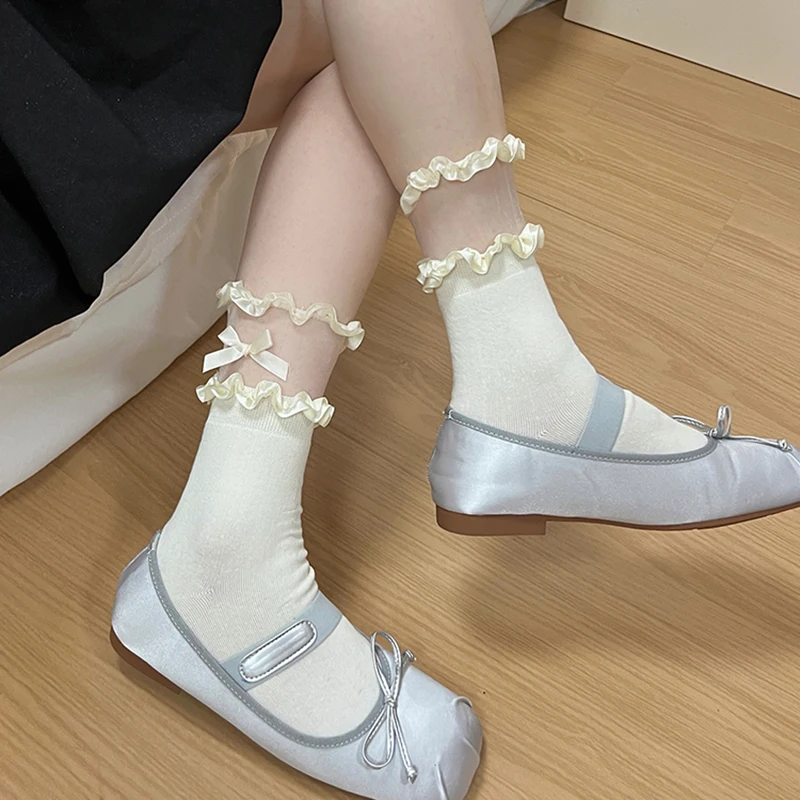 Kave 1 pair Sweet Japanese Cute White Lace Socks Women's Summer Bow Stacking Socks Medium Tube Lolita Breathable Hosiery