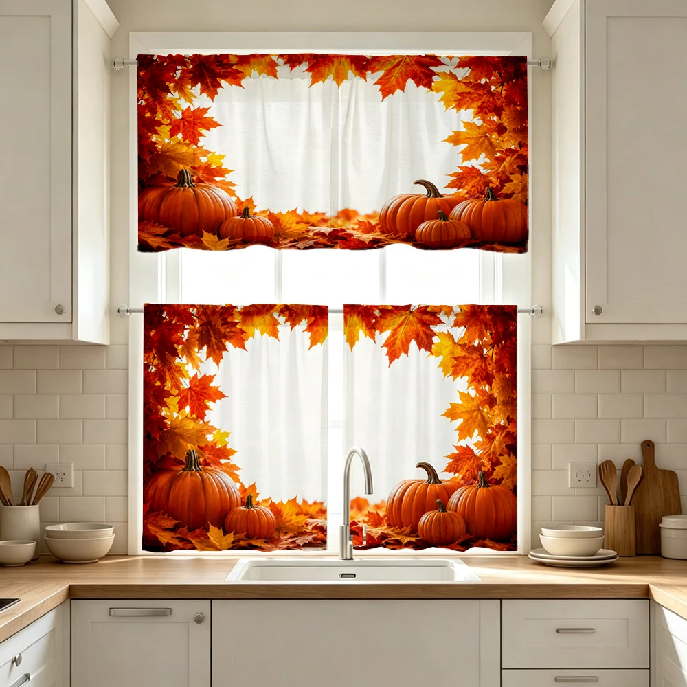 Thanksgiving Fall Kitchen Curtains, Maple Pumpkin, Digital Print, Kitchen Dining Room, Rod Pocket Polyester, Home Decor