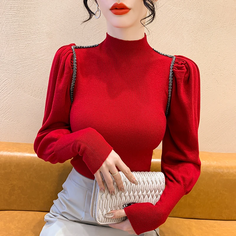 

Женская трикотажная кофта с высоким воротом и длинными рукавами, базовая модель, осенне-зимний топ, приталенный крой, термо, стандартная длина