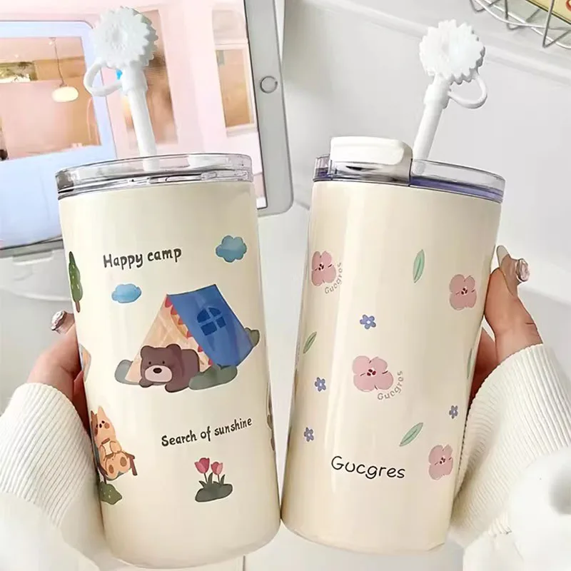 

Kawaii Bear Double Drinking Thermos Water Bottle With Straw And Lid Portable Stainless Steel Camping Tumbler Coffee Cups 500ML