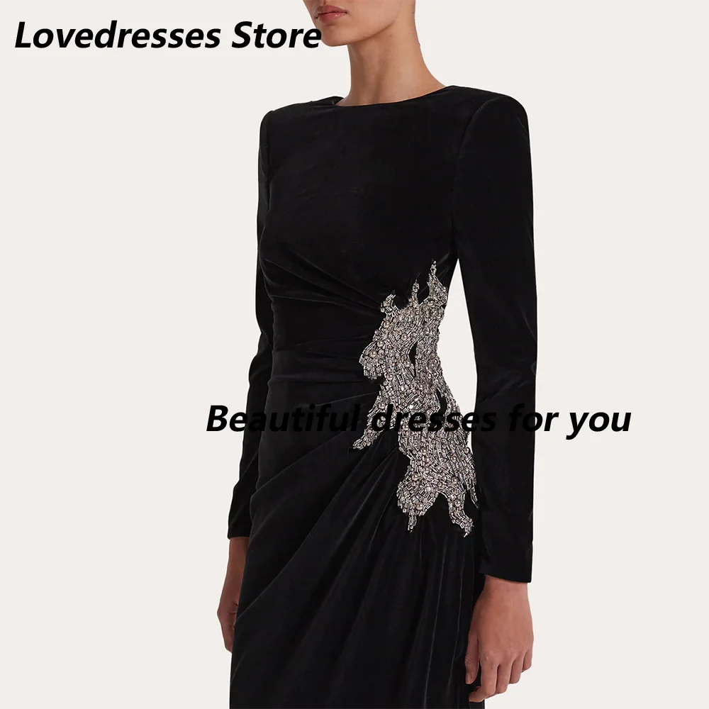 فساتين سهرة سوداء مخصصة برقبة دائرية وأكمام طويلة في المملكة العربية السعودية فستان حفلة موسيقية أنيق مطرز بشق جانبي مخملي #3